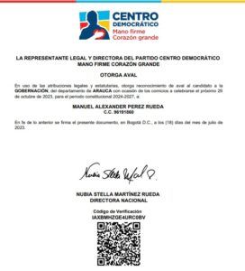 Centro Democrático escogió a Manuel Pérez Rueda como candidato a gobernador de Aruaca