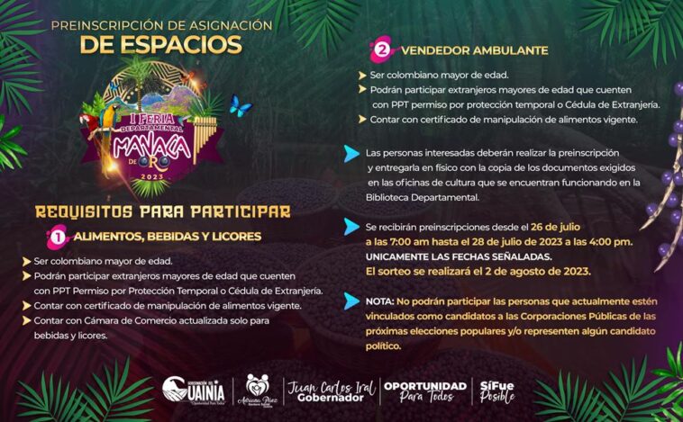 Manaca de Oro: Gobernación abrió convocatoria para concursos y espacios de ventas de alimentos y bebidas