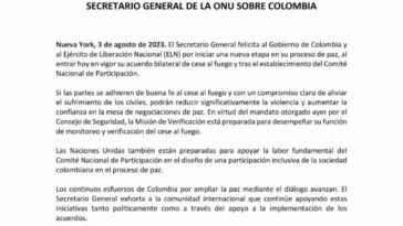 Cese al fuego del ELN y apoyo de la ONU marcan un histórico punto de inflexión en la construcción de Paz en Colombia