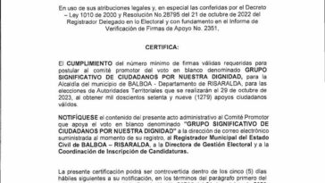 Certificado de la Registraduría de las firmas válidas que respaldan el voto en blanco