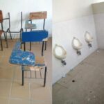 Estado deplorable de las instalaciones de baterías de baño de la Institución Educativa, como también los pupitres donde los estudiantes reciben las clases.