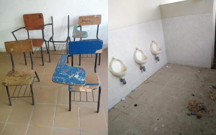 Estado deplorable de las instalaciones de baterías de baño de la Institución Educativa, como también los pupitres donde los estudiantes reciben las clases.