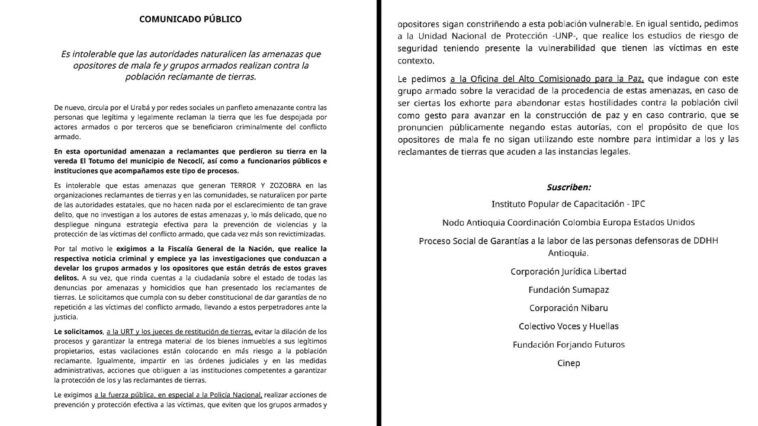 Con panfletos están amenazando a los reclamantes de tierras en Necoclí