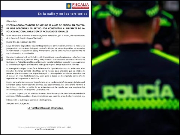 «Comunidad del Anillo»: Condenan a dos coroneles de la Policía por inducir a la prostitución a alféreces de la Escuela General Santander