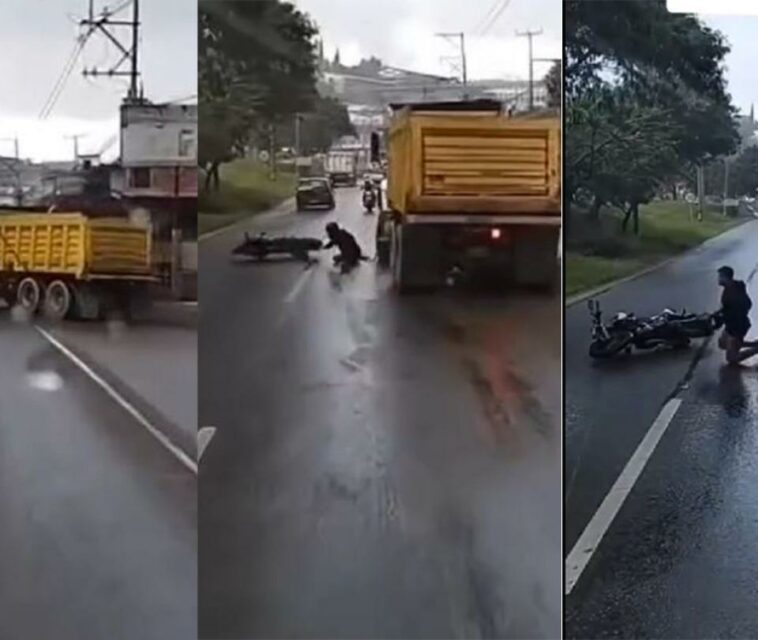 Video: Motociclista en Medellín se salvó de milagro de ser arrollado por una volqueta