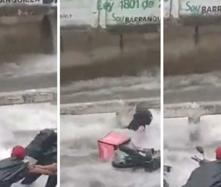 Video: arroyo en Barranquilla se llevó a motociclista, hombre fue rescatado de milagro