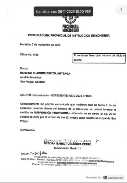 Alcalde de San Pelayo podrá culminar su mandato, Procuraduría levantó suspensión en su contra