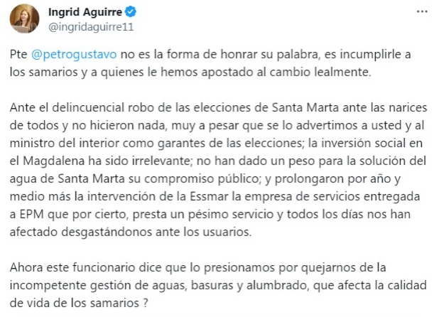 Petro les incumple a los samarios al no detener intervención de la Essmar: Ingrid Aguirre