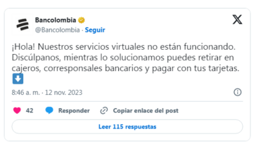 Problemas técnicos en Bancolombia generan descontento entre sus usuarios