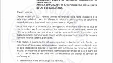 Bomberos de Santa Marta suspenderán sus actividades por falta de recursos  