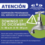 EAAAY anuncia suspensión del servicio de acueducto para el domingo 17 de diciembre