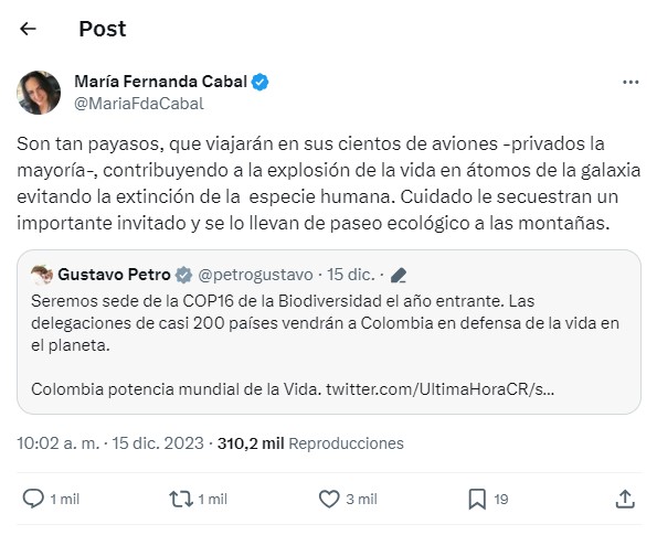 «Son tan payasos» María Fernanda Cabal dejó mensaje a las 200 delegaciones que vendrían a la COP16