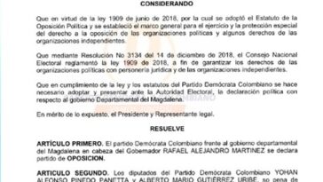 Partido Demócrata Colombiano se declaró en oposición al gobierno de Rafael Martínez en Magdalena
