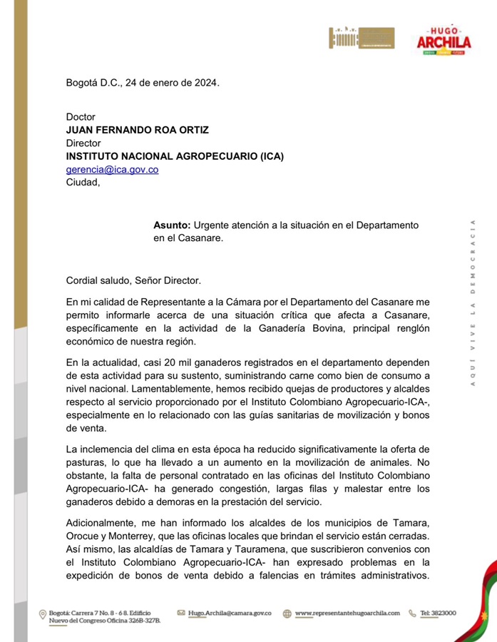 Representante Archila reitera urgente llamado al ICA por crisis pecuaria en Casanare