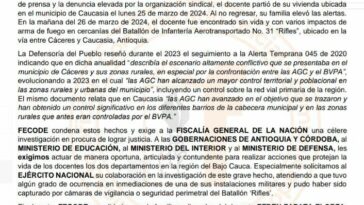 Fecode pide a la Fiscalía acelerar investigación en el asesinato de docente de La Apartada