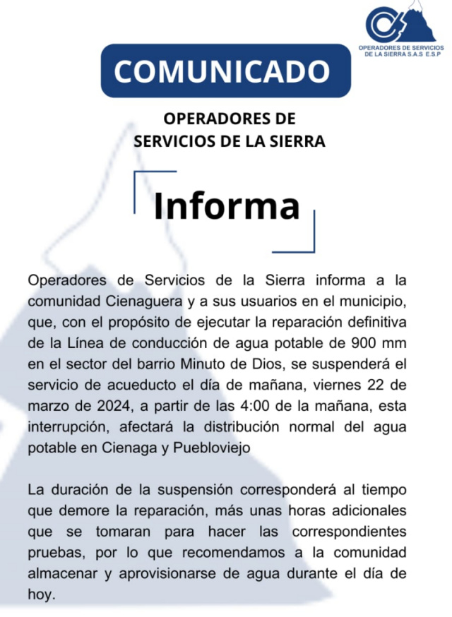 Operadores anuncia suspensión del servicio de agua potable para reparar  definitivamente tubería de 900 mm