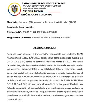 Se cayó el fallo de tutela que ordenó reintegro de Rafael Amaya a la presidencia de URRÁ