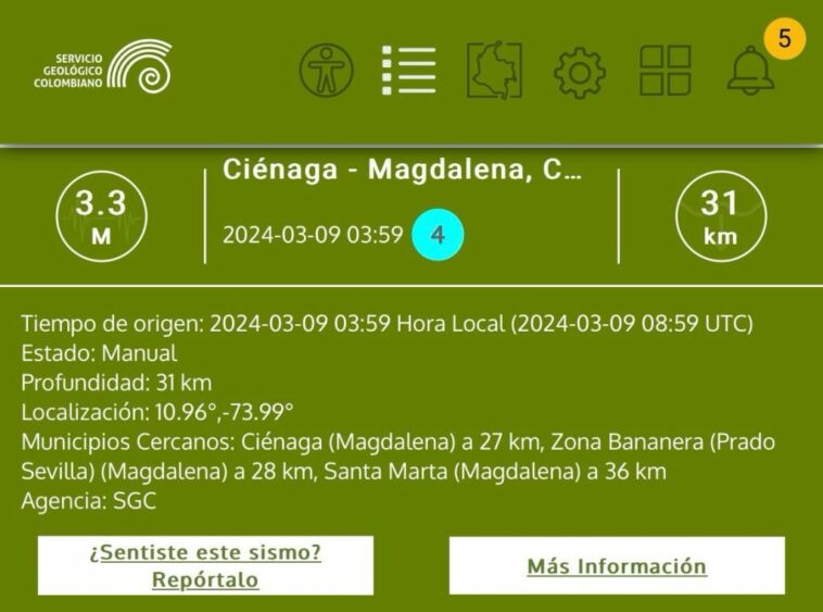 Temblor de 3.3 sacudió al Magdalena 