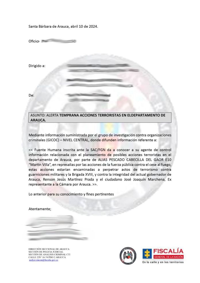 La Fiscalía alerta sobre posible atentado de las disidencias contra el Gobernador de Arauca