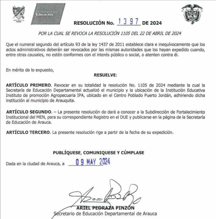 Gobierno departamental de Arauca revoca decisión de traslado y evita protestas en Puerto Jordán