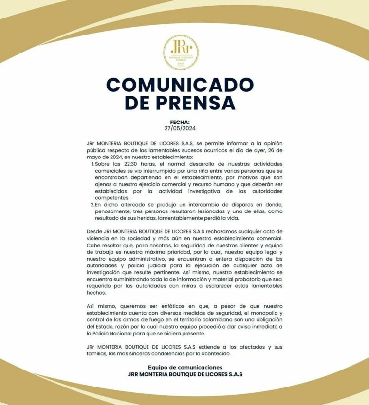 Licores JRr Montería rechaza acto de violencia y anuncia colaboración a la justicia