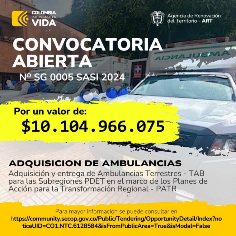 Se buscan oferentes para adquisición de ambulancias en beneficio de territorios PDET