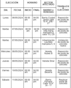 Sectores específicos de la zona rural y urbana del municipio de Arauca tendrán desconexión programada desde el 06 hasta el 11 de mayo