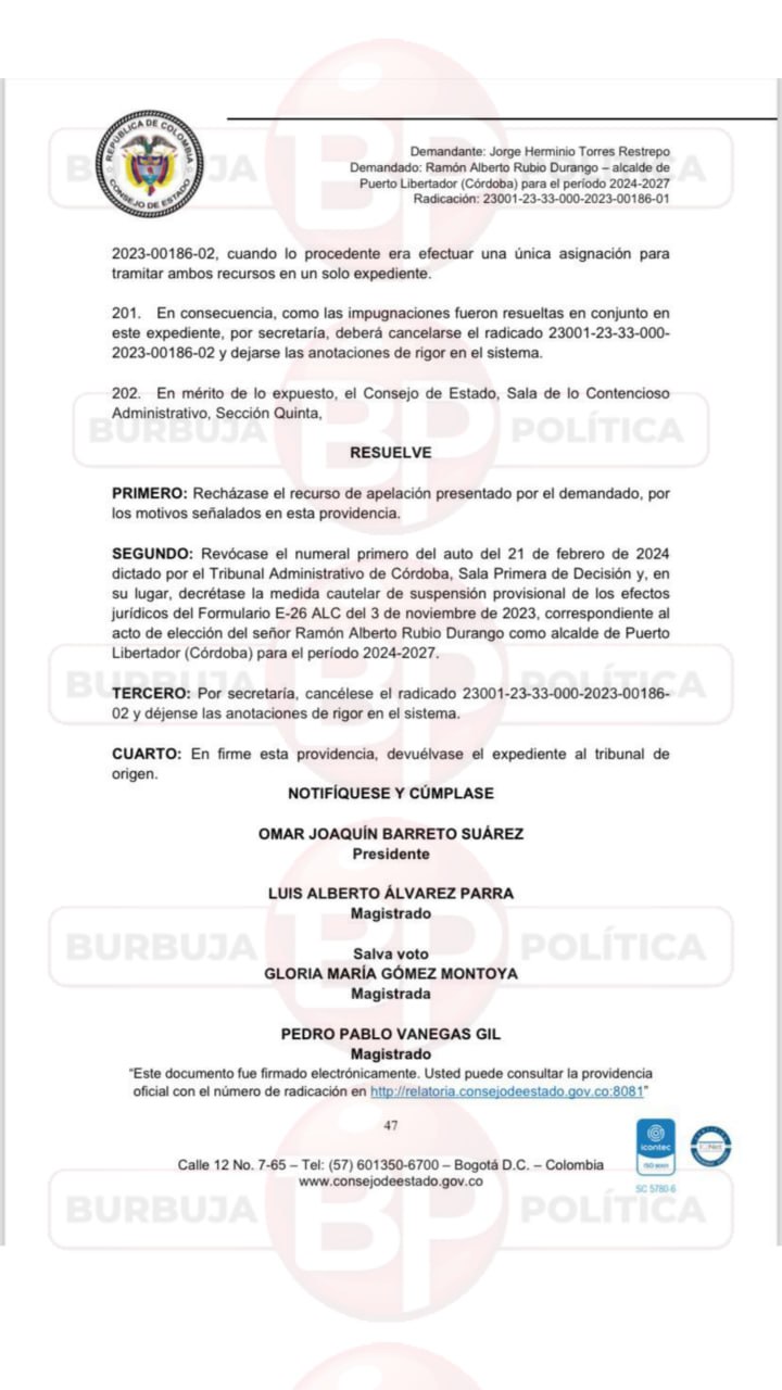 Consejo de Estado tumba, de manera provisional, elección del alcalde de Puerto Libertador