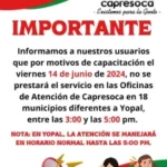 Oficinas de Capresoca en 18 municipios no prestarán servicio de 3:00 a 5:00 pm este viernes