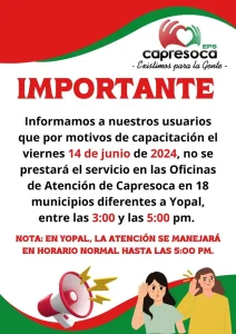 Oficinas de Capresoca en 18 municipios no prestarán servicio de 3:00 a 5:00 pm este viernes