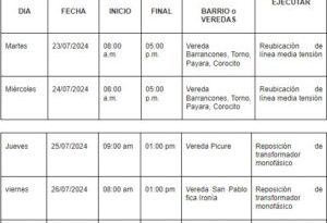 Del 22 al 27 de julio sectores específicos de la zona rural y urbana del municipio de Arauca tendrán desconexión programada