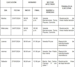 Del 22 al 27 de julio sectores específicos de la zona rural y urbana del municipio de Arauca tendrán desconexión programada