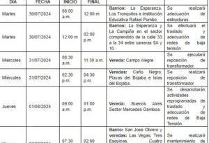Del 30 de Julio al 02 de Agosto sectores específicos de la zona rural y urbana del municipio de Saravena tendrán desconexión programada