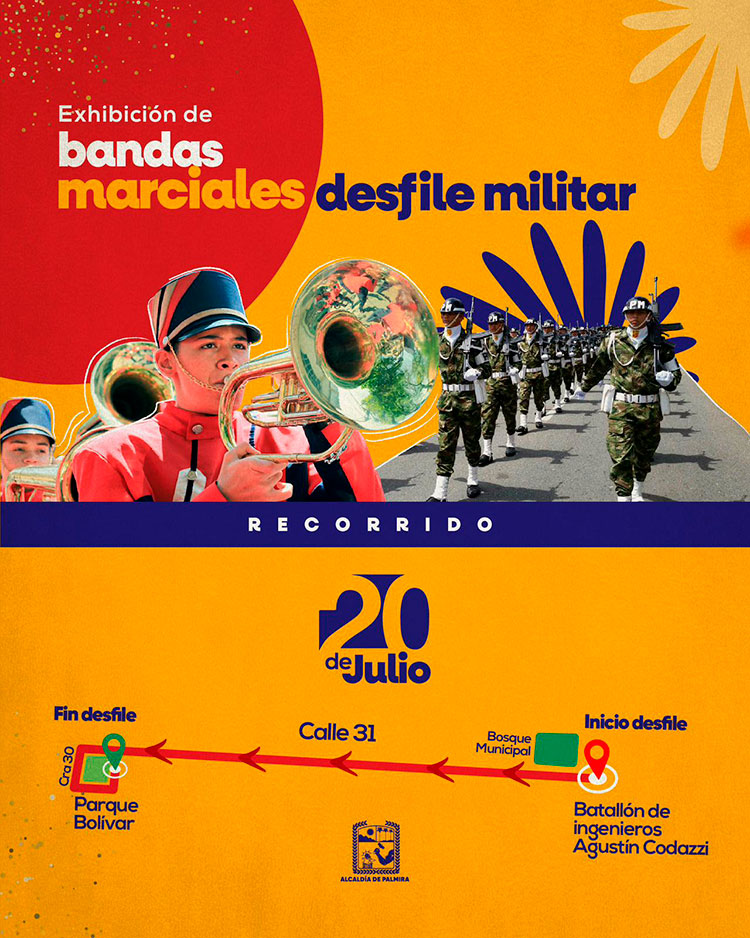 Desfile militar y exhibición de orquestas de la paz, este 20 de julio, en Palmira