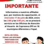 El miércoles no atenderán en la tarde oficinas de Capresoca en 18 municipios