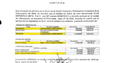 Certificado expedido por el Club Deportivo Meta H&H