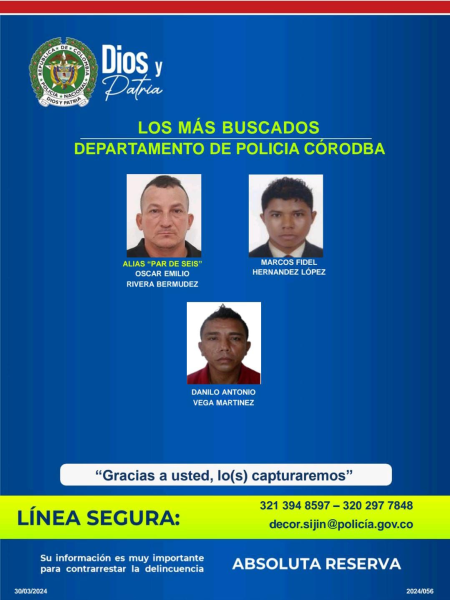 Policía de Córdoba reveló el ‘cartel de los más buscados’; conozca de quiénes se trata