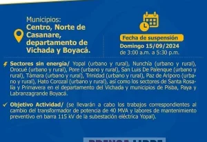 Próximo domingo corte de energía eléctrica en Casanare entre las 3:00 a.m. y las 5:30 p.m.