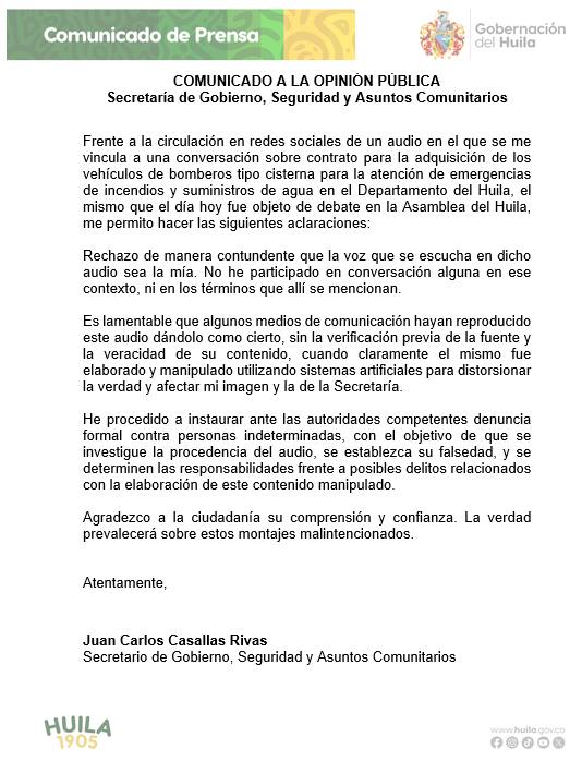 Secretario de gobierno del Huila desmiente audio.