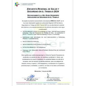 URRÁ recibe reconocimiento por muy buen desempeño en indicadores de seguridad en el trabajo