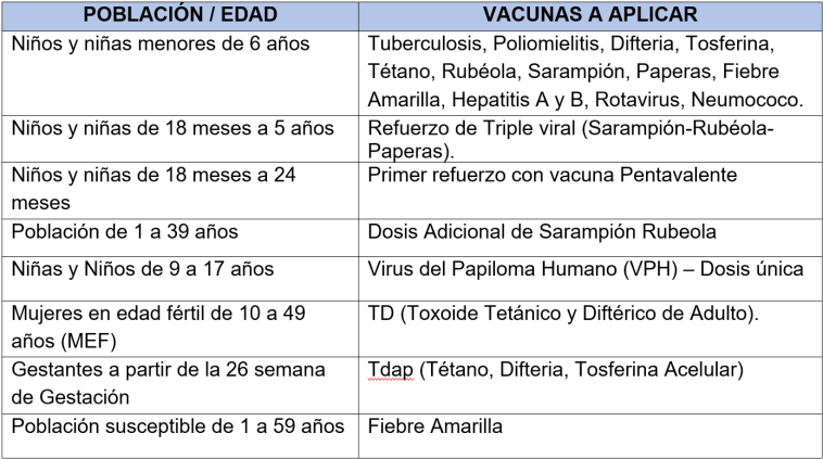 Vacunas a aplicar