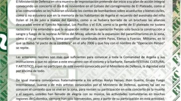 Farc amenazan a Arelys Henao y otros artistas por participación en concierto en El Plateado En un comunicado emitido el sábado 2 de noviembre, las Farc-EP amenazaron a artistas como Arelys Henao, Jhon Guerra, el Grupo Fuego Internacional, entre otros, para que consideren su participación en el concierto convocado por el Ministerio de Defensa en El Plateado, Argelia, Cauca.