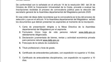 LISTADO DE ADMITIDOS E INADMITIDOS AL PROCESO DECONVOCATORIA PÚBLICA PARA LA ELECCIÓN DEL SECRETARIO GENERALDE LA ASAMBLEA DEPARTAMENTAL DEL MAGDALENA PERIODO 2025