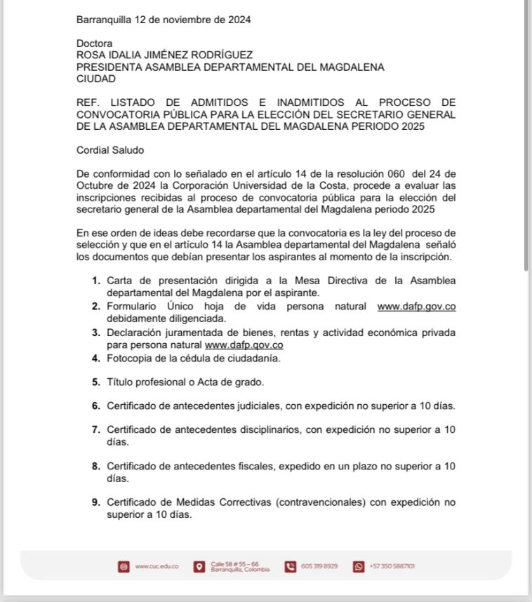 LISTADO DE ADMITIDOS E INADMITIDOS AL PROCESO DECONVOCATORIA PÚBLICA PARA LA ELECCIÓN DEL SECRETARIO GENERALDE LA ASAMBLEA DEPARTAMENTAL DEL MAGDALENA PERIODO 2025