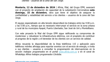 Ayapel, Puerto Libertador, San José de Uré y Montelíbano, permanecerán más de 10 horas sin energía el domingo 15