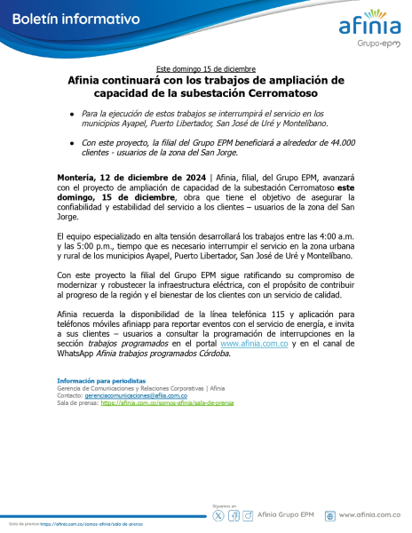 Ayapel, Puerto Libertador, San José de Uré y Montelíbano, permanecerán más de 10 horas sin energía el domingo 15