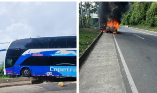 Dos emergencias en Cundinamarca: incendio vehicular y autobús al borde del abismo