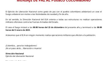 ELN anuncia cese al fuego durante temporada navideña El ELN anunció cese al fuego unilateral durante la época de Navidad y Fin de Año.