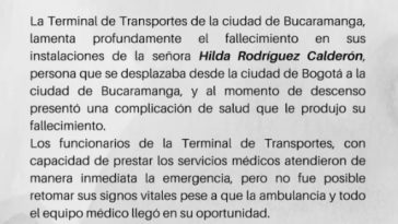 Se conoce identidad de la mujer que falleció en terminal de transporte La adulta mayor fue identificada como Hilda Rodríguez Calderón.