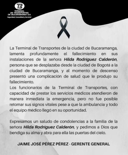 Se conoce identidad de la mujer que falleció en terminal de transporte La adulta mayor fue identificada como Hilda Rodríguez Calderón.